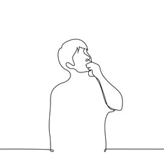 man stood with his hand against his mouth and raised his head - one line art vector. concept to think about. ponder, puzzled