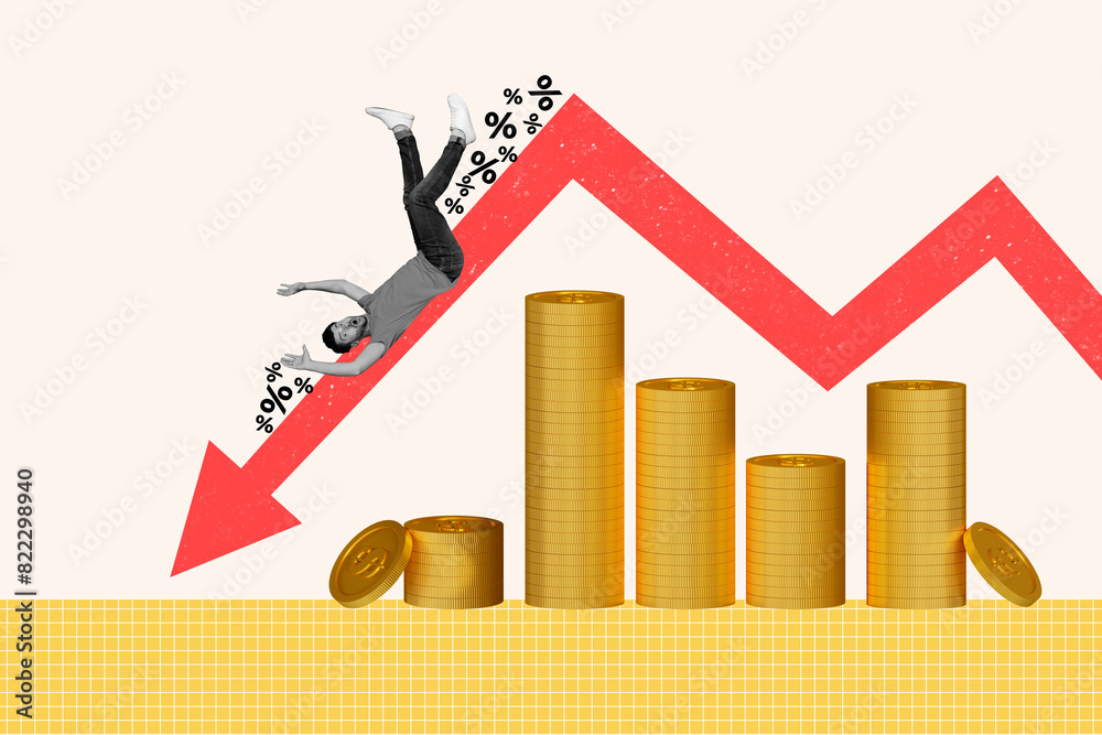 Creative collage picture young man falling down arrow economy inflation ...