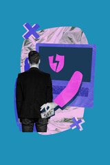 Aufkleber - composite photo collage of blue color black white silhouette smart man hacker hold steal money lapto