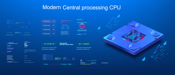 Wall Mural - CPU Concept banner. Presentation powerful processor for computer on futuristic background. Modern digital CPU microchip. Development of computer technologies and digital electronic devices