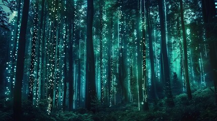 A dense forest with trees covered in glowing digital patterns. The trunks and branches illuminate the surroundings with soft blue and green lights, creating a surreal, enchanting