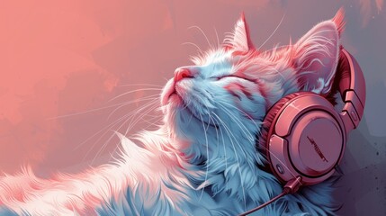 Wall Mural - Against a gradient backdrop, a fluffy cat wears a pair of headphones, its eyes closed in pure bliss as it enjoys its favorite tunes, exuding a sense of adorable relaxation in a minimalist cartoon