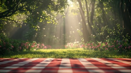 Poster - A checkered red and white picnic blanket is laid out in a lush green field