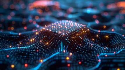 Futuristic digital landscape with glowing circuits representing technology, data, and artificial intelligence in an abstract design.