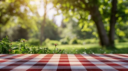 Poster - A checkered tablecloth with a red and white pattern sits in a lush green park