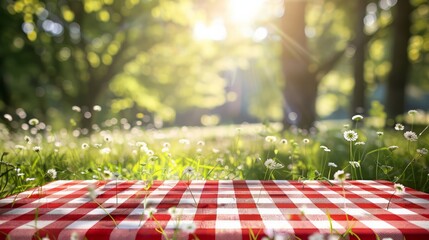 Poster - A checkered red and white picnic blanket is laid out in a grassy field