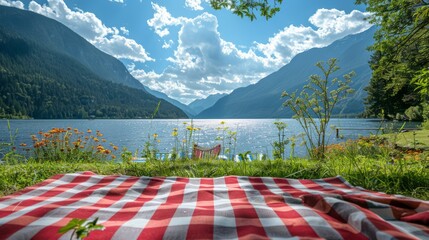 Poster - A red and white checkered blanket is spread out on the grass next to a lake