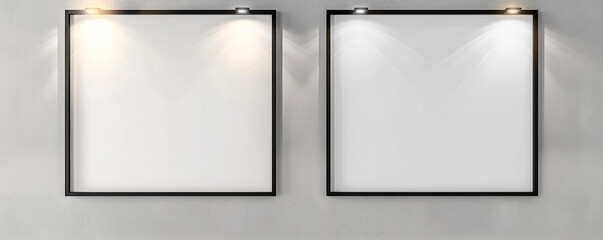 In a contemporary architectural studio, two white frames with dark borders are displayed against a light gray wall. Each frame is spotlighted, 