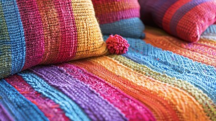 Poster - A colorful blanket with a red pom pom on it