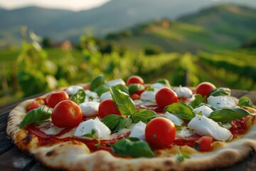 Poster - Charming Culinary Escape: Savoring Pizza Margherita with Buffalo Mozzarella and Fresh Tomatoes at a Rustic Vineyard Pizzeria in Tuscany, Italy.