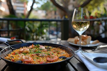 Poster - Culinary Bliss: Dining on Traditional Paella and White Wine at a Restaurant Terrace in Barcelona, Experiencing Authentic Spanish Flavors.