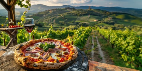Canvas Print - Savoring Tuscany: At a Rustic Vineyard Pizzeria, a Delicious Pizza Capricciosa with Ham, Mushrooms, Artichokes, and Olives is Served Amidst Scenic Hills and Grapevines.

