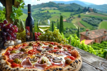 Sticker - Savoring Tuscany: At a Rustic Vineyard Pizzeria, a Delicious Pizza Capricciosa with Ham, Mushrooms, Artichokes, and Olives is Served Amidst Scenic Hills and Grapevines.

