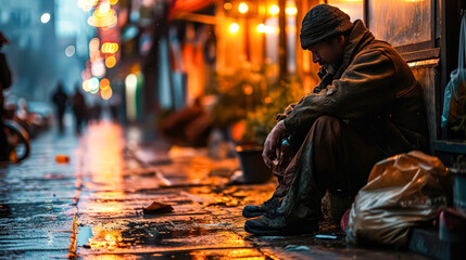 A portrait of a homeless man sitting on a wet street, highlighting the struggle and resilience of those facing homelessness, urging for empathy and assistance.