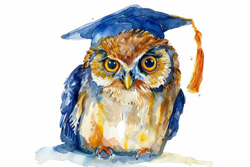 Canvas Print - Cute and owl wearing graduation hat on white background. Watercolor illustration. education, wise, knowledge, school learning symbol