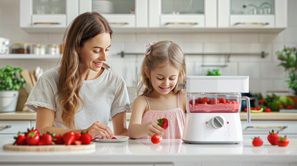 Little girl and her beautiful mother making strawberry smoothie with blender in the kitchen. diet, detox and Healthy food concept. Happy caucasian family blending fresh berries and making smoothie