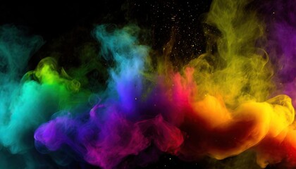 Wall Mural - Abstract Coloful Smoke Dust Particles Night haze Mist Floating on Rainbow Coloured Smoke on Dark Black