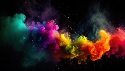 Wall Mural - Abstract Coloful Smoke Dust Particles Night haze Mist Floating on Rainbow Coloured Smoke on Dark Black