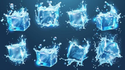 Wall Mural - Isolated on transparent background, water splashes with ice cubes in dynamic motion. Hydrogen elements for advertising.