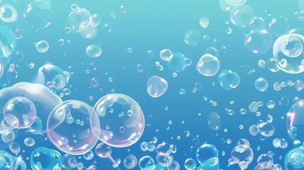 Poster - The background consists of effervescent water effervescence, wind motion, randomly moving underwater fizzing, a soda drink frame on a blue transparent background, and realistic 3d modern illustration