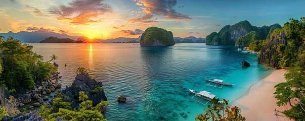 Luxury Honeymoon Environment in the Philippines. Sea and Sky background with Majestic Sunrise Beach.