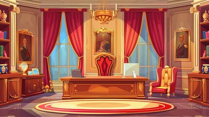 Wall Mural - A luxury office interior with wood furniture, a computer at the desk, a sofa and a bookcase. Modern illustration of an empty chief's cabinet in classic style with red curtains and golden frames.