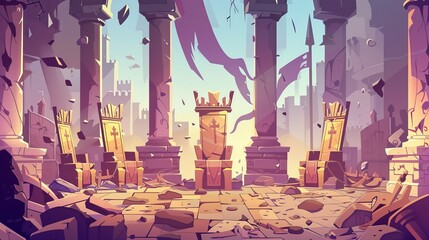 Poster - A medieval castle with torn flags and broken columns. Modern cartoon interior of a dusty palace with king and queen chairs, stone statues of knights, broken columns, and a broken floor.