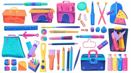 Wall Mural - School supplies, stationery and learning materials Cartoon modern illustration, set of colored pencils, paints, brushes, glue, rulers, scissors, markers, compass, paper clips and pins, school