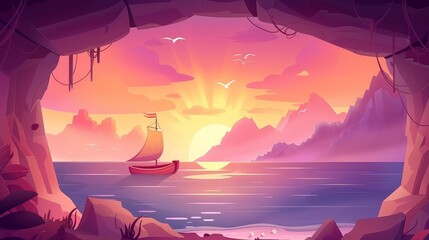 Wall Mural - Cave seaview landscape with lonely boat float on water surface. Holes in the rock with ocean, mountains and gulls flying in pink morning sky. Cartoon modern illustration.