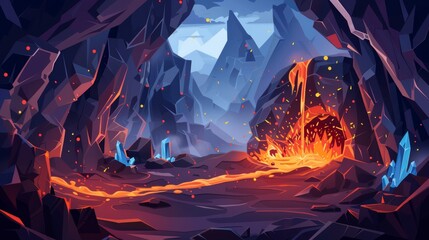 Canvas Print - Cartoon illustration of molten magma flowing through a tunnel in a mountain cave with sparks and blue crystals.