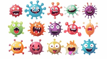 Wall Mural - Smiling pathogen microbes, monsters with big eyes, colorful cells with teeth and tongues isolated modern illustration, icons set.