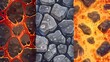 © Mark - Game background textures with stone, sand, and lava. Modern cartoon seamless patterns of cobblestones on the floor, sand on the ground, and liquid magma on the land.