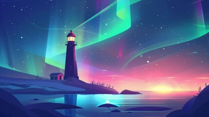 Wall Mural - Scenery nature ocean landscape with beacon building glowing and polar lights iridescent illumination, Cartoon modern illustration of a lighthouse on the sea shore with aurora borealis.