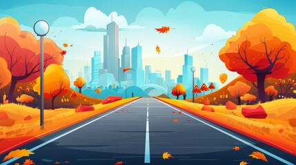 Wall Mural - In this modern illustration of autumn landscape with an empty highway, street lights, orange grass, trees and modern town on the horizon, we see a car road to the city with houses and skyscrapers on