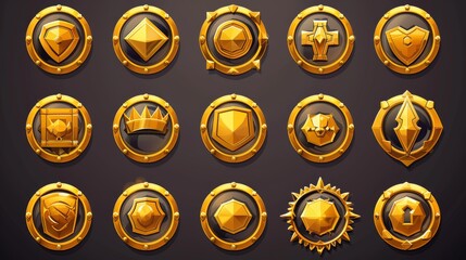 Poster - Isolated golden game buttons and achievement badges with fantasy frames. Modern set of golden icons.