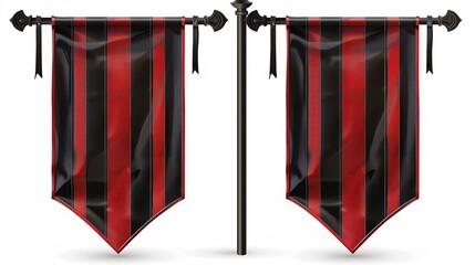 Poster - Modern realistic template of fabric promotion posters and striped canvas pennants hanging on metal frames and stands.