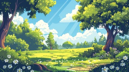 Wall Mural - A cartoon natural landscape in summer with green trees, white blooming flowers, and rural fields under blue skies with sun beams. Modern illustration.