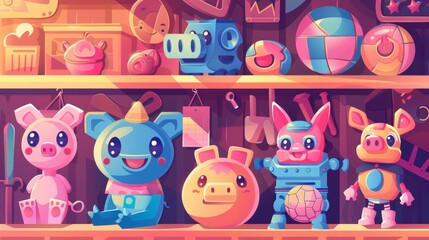 Wall Mural - Cartoon landing page of toy store featuring children's toys on wooden shelves in shop, piggy bank, smiling ball and robot dog in shop, Modern web graphics.