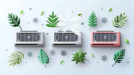 Flowing cold, hot, and fresh air from an air conditioner. Split system, cooler or purifier with blowing wind, snowflakes, and leaves.