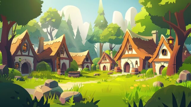In this illustration, there are cute building and stuff of elf, gnome or dwarf, well and lantern on a green field with stone dwellings.