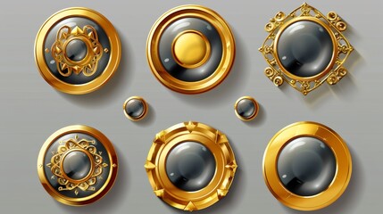 Poster - modern set of round icons with gold borders in medieval style, circle award labels on a white backgr