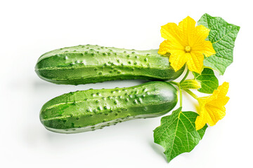 Two cucumber with flower isolated on white background.  Harvest of Green vegetable.