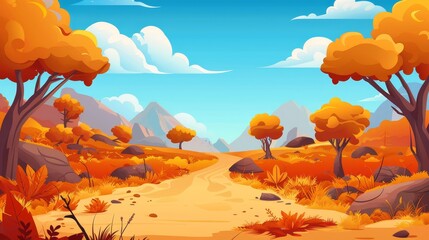 Wall Mural - Animated cartoon illustration depicting mountains, forests, orange trees, fields, rivers, rocks on the horizon, clouds of clouds in the blue sky in an autumn mountain valley landscape.