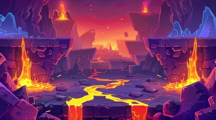 Wall Mural - Fantasy game cartoon background of volcano lava hell rock cave. Flowing molten hot magma level adventure design. Ground crack with liquid fire river flow terrain.