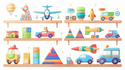 Canvas Print - Decorative store interior elements with cute cars, planes, robots, blocks, rockets, and pyramid on wooden shelves, modern cartoon set isolated on white.