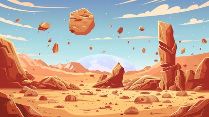 Wall Mural - Illustration of Mars desert landscape with floating rocks. Cartoon background of boulder terrain with rocky arches. Monument construction in drought-sand environment.