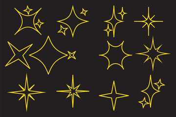 Wall Mural - Twinkle star shape symbols. Minimalist silhouette stars icon. Modern geometric elements, shining star icons, abstract sparkle black silhouettes symbol vector set. Used in web , templates