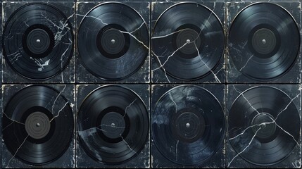 Poster - Set of distressed vinyl record covers isolated on transparent background. Modern illustration of vintage paper texture with white scratches, grainy old photo, overlay effect.