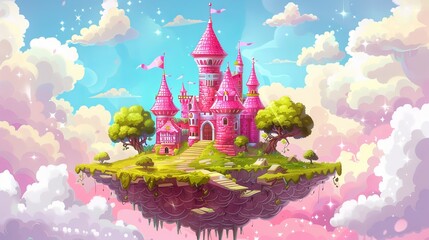 Poster - An illustration of a pink royal castle floating in the sky on an island with green grass, a tree, and white clouds in the background, platforms for a game level and a magic medieval castle.