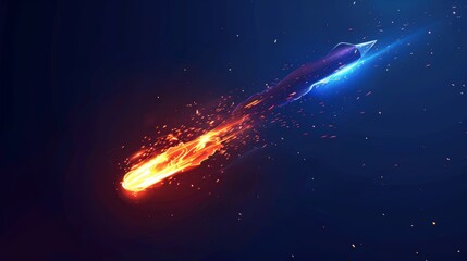Wall Mural - an abstract neon magic missile falling from the sky with a blue burst. a rocket or comet fire trail 